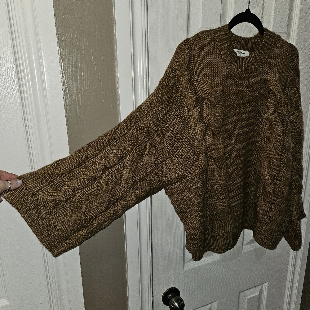 NEW! Cableknit Sweater Camel Tan Neutral Trendy Top Statement Sleeves - Picture 5 of 12